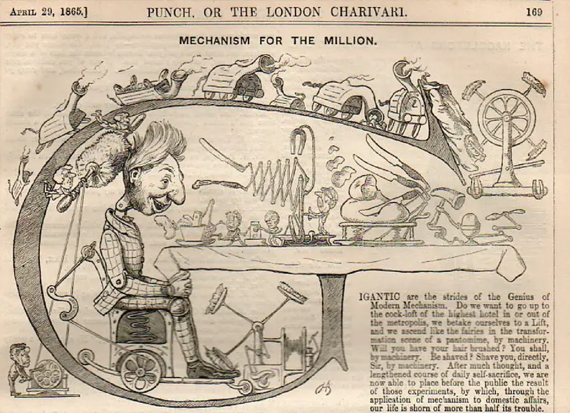 イギリスの雑誌《Punch, or The London Charivari》に掲載された挿絵「Mechanism for the Million」は、19世紀の早い段階で人間と機械の関係について考えられていたことを示しています。