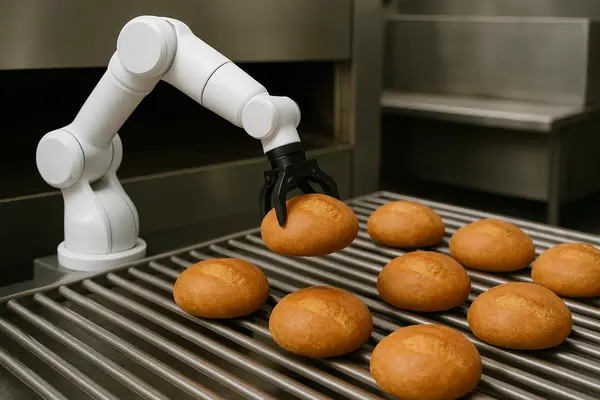 Illustration of a EOAT (End of Arm Tool) robotic arm picking bread in an automated bakery system
