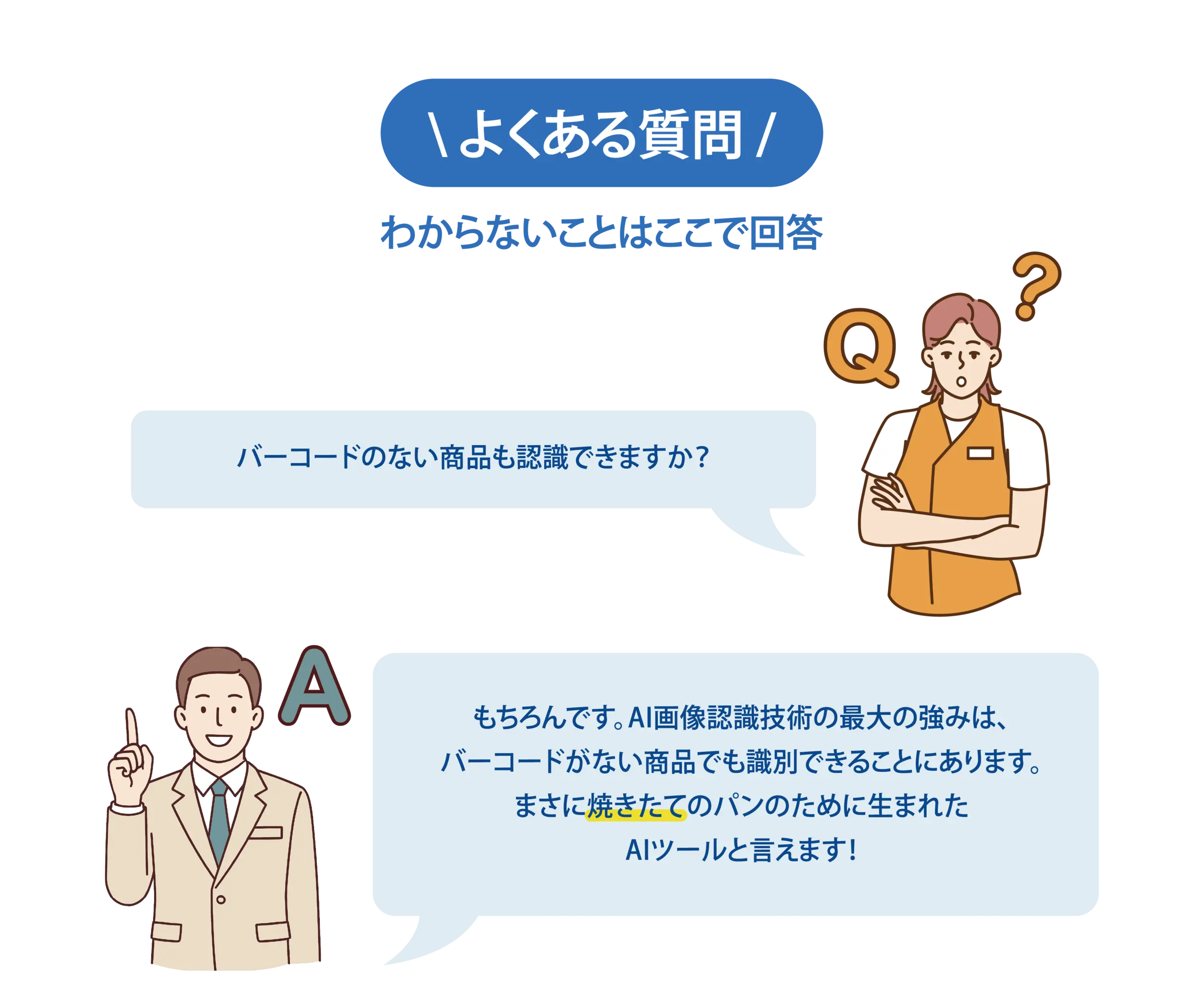 【よくある質問-1】Q：バーコードのない商品も認識できますか？A：もちろんです。AI画像認識技術の最大の強みは、バーコードがない商品でも識別できることにあります。まさに焼きたてのパンのために生まれたAIツールと言えます！