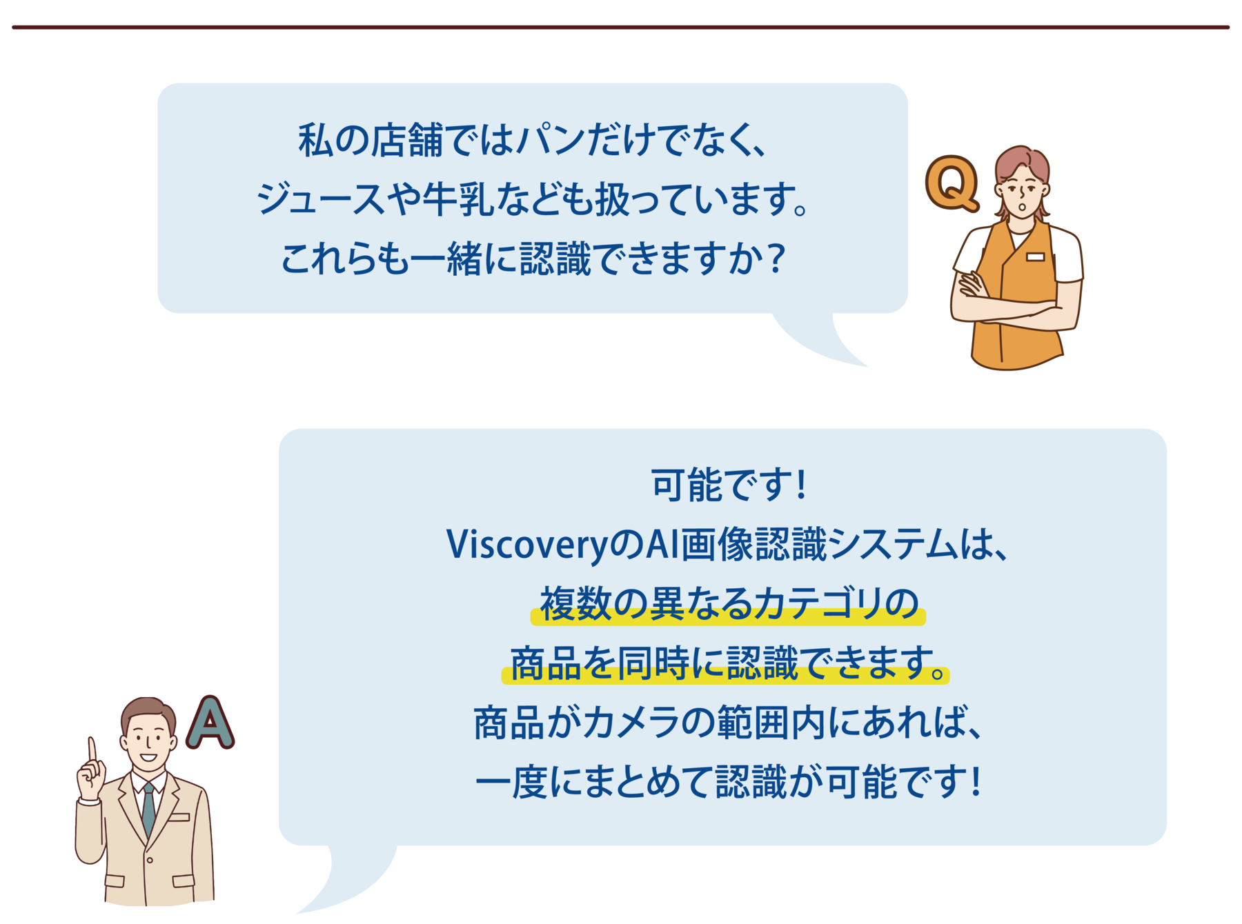 【よくある質問-3】Q:私の店舗ではパンだけでなく、ジュースや牛乳なども扱っています。これらも一緒に認識できますか?A:可能です!ViscoveryのAI画像認識システムは、複数の異なるカテゴリの商品を同時に認識できます。商品がカメラの範囲内にあれば、一度にまとめて認識が可能です!