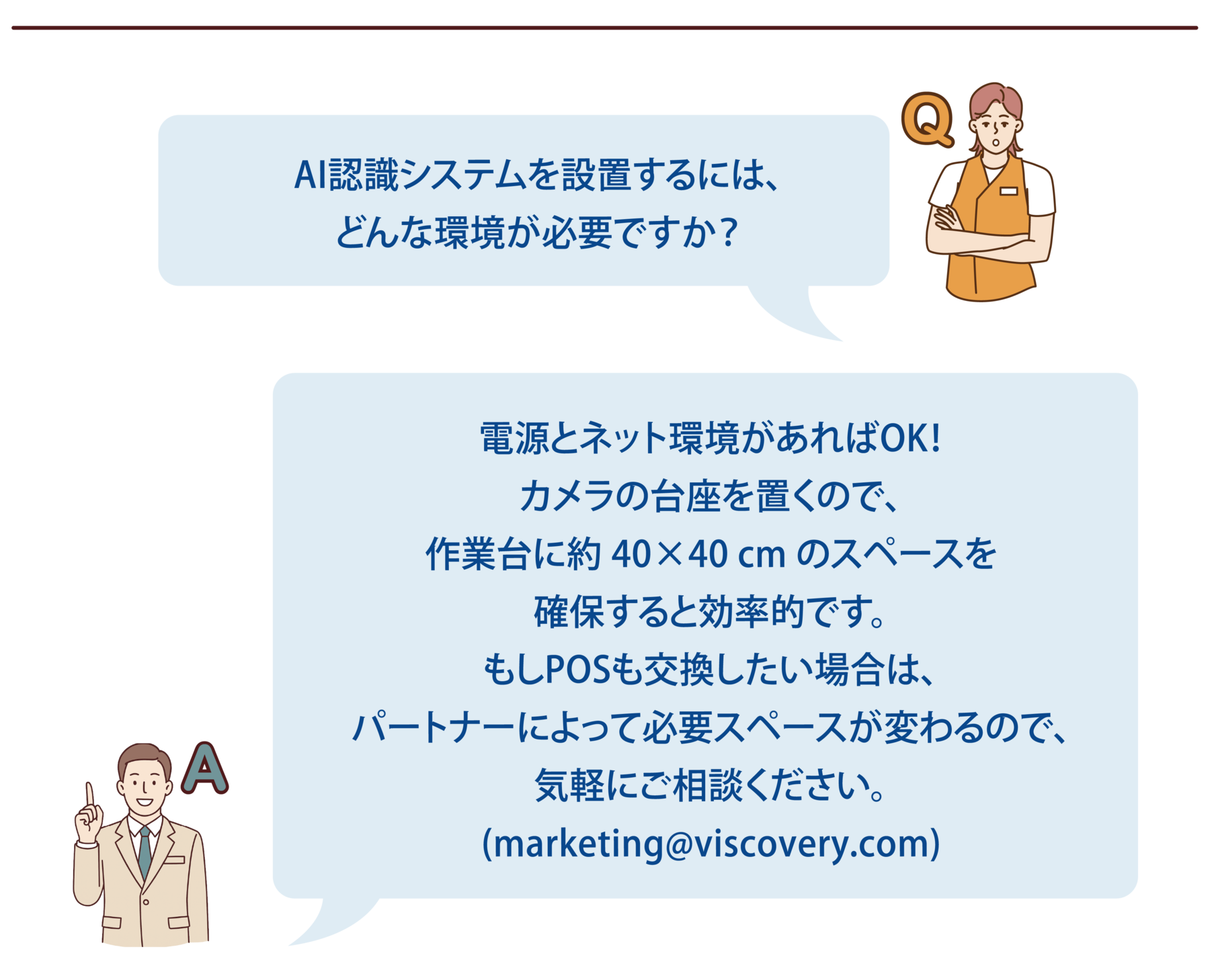 【よくある質問-5】Q:AI認識システムを設置するには、どんな環境が必要ですか?A:電源とネット環境があればOK!カメラの台座を置くので、作業台に約 40×40 cm のスペースを確保すると効率的です。もしPOSも交換したい場合は、パートナーによって必要スペースが変わるので、気軽にご相談ください。(marketing@viscovery.com)