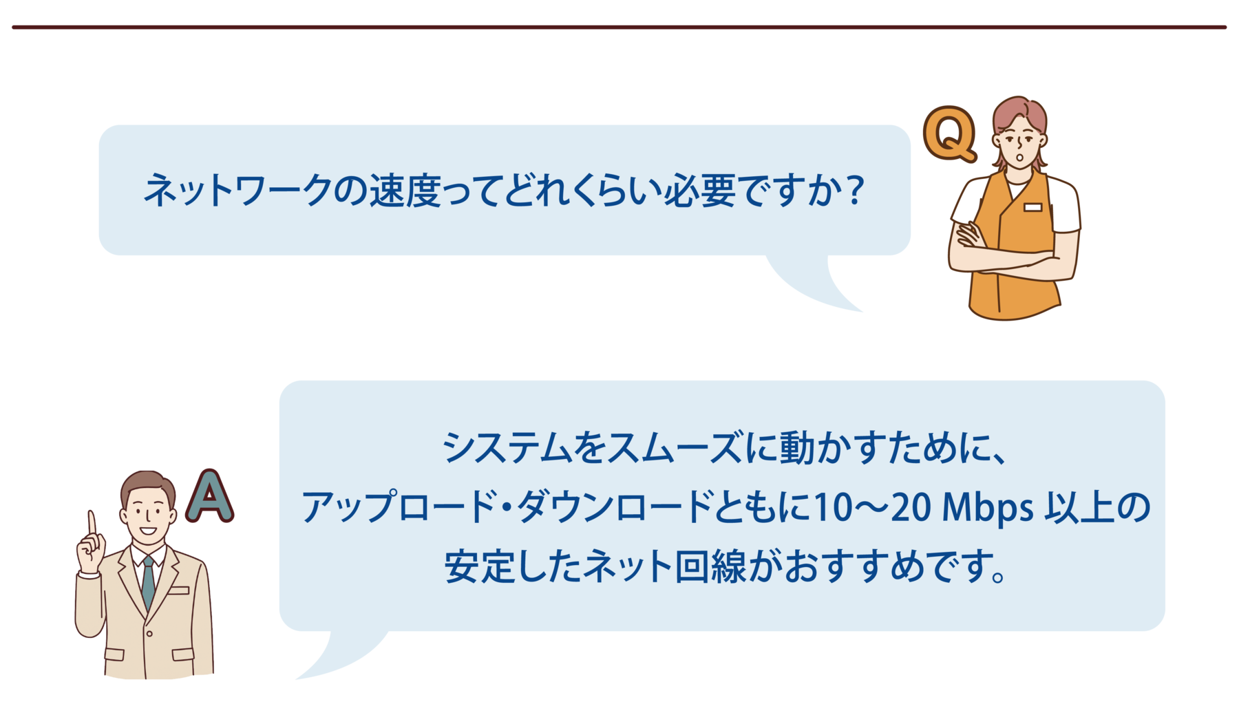 【よくある質問-6】Q:ネットワークの速度ってどれくらい必要ですか?A:システムをスムーズに動かすために、アップロード・ダウンロードともに10~20 Mbps 以上の安定したネット回線がおすすめです。