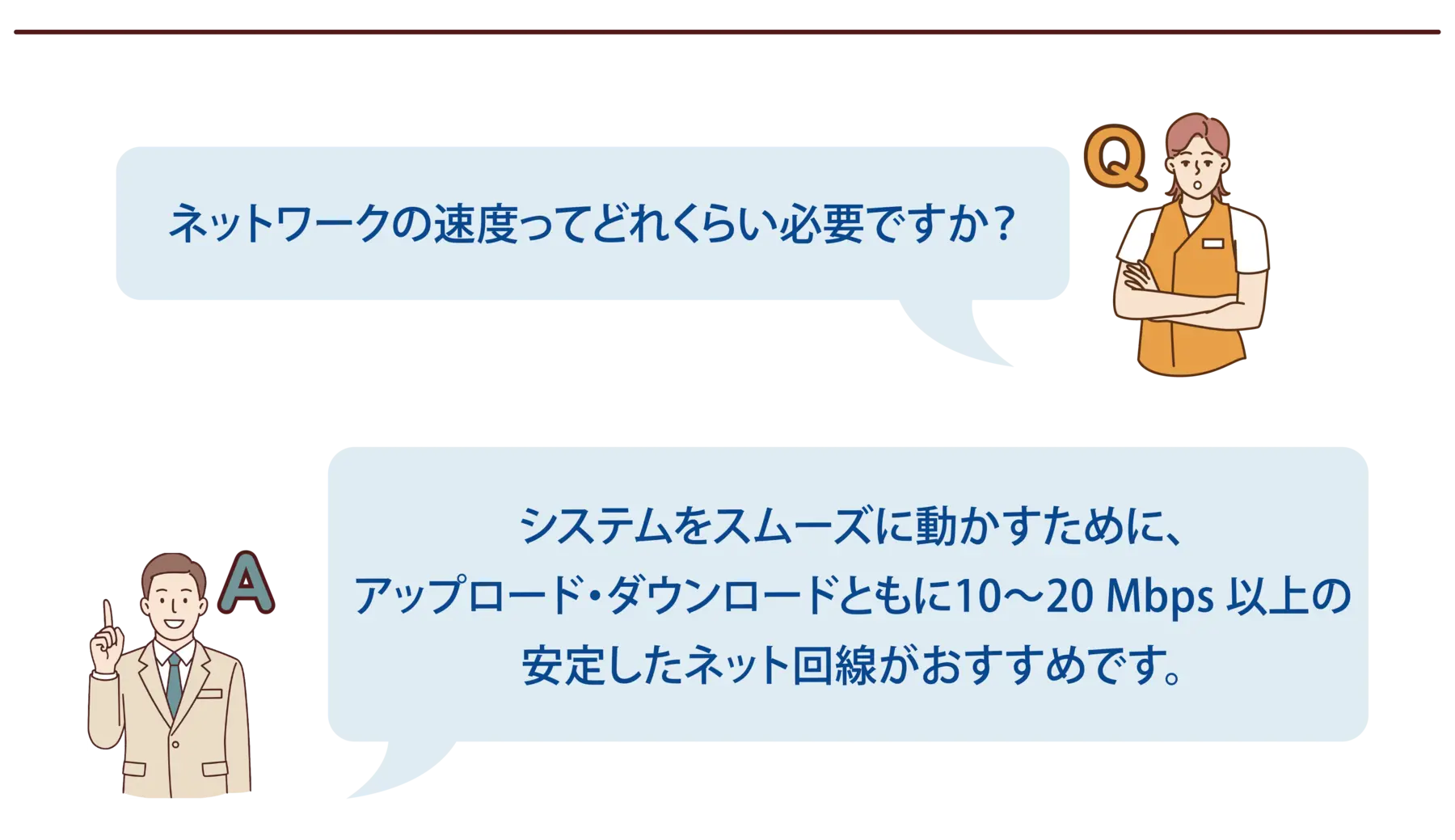 【よくある質問-6】Q：ネットワークの速度ってどれくらい必要ですか？A：システムをスムーズに動かすために、アップロード・ダウンロードともに10～20 Mbps 以上の安定したネット回線がおすすめです。