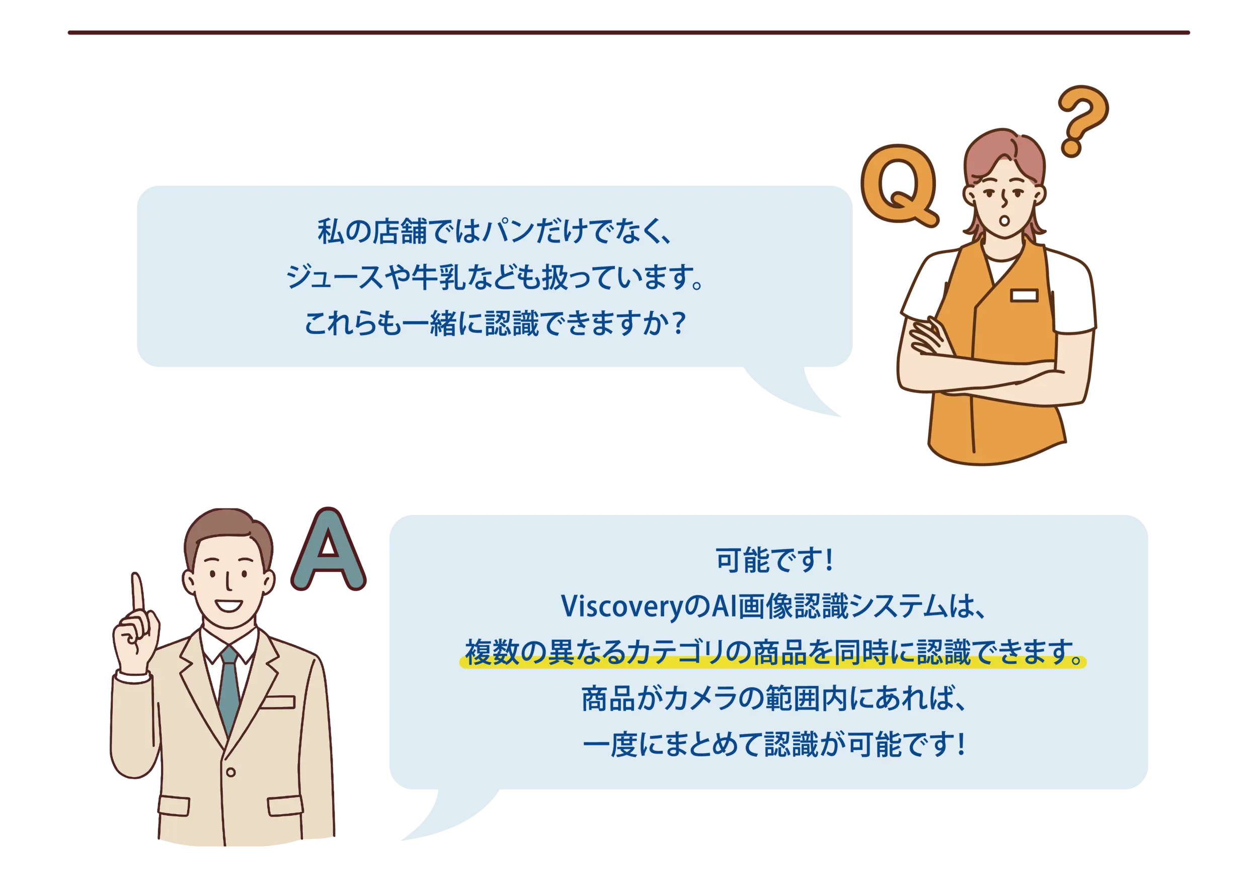 【よくある質問-3】Q：私の店舗ではパンだけでなく、ジュースや牛乳なども扱っています。これらも一緒に認識できますか？A：可能です！ViscoveryのAI画像認識システムは、複数の異なるカテゴリの商品を同時に認識できます。商品がカメラの範囲内にあれば、一度にまとめて認識が可能です！