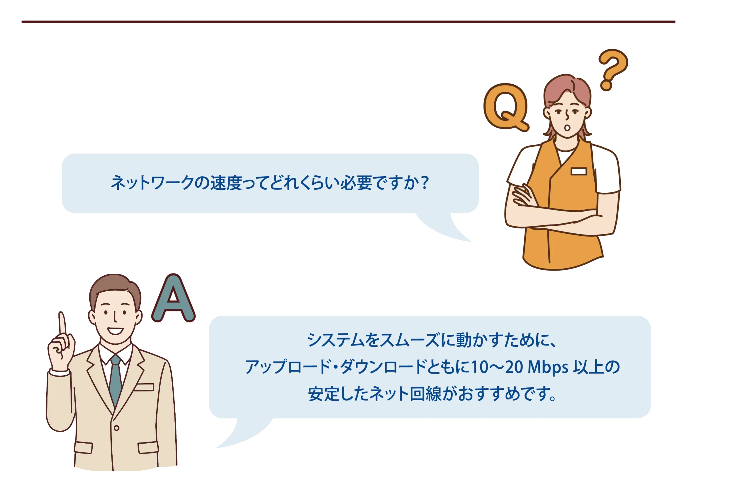【よくある質問-6】Q:ネットワークの速度ってどれくらい必要ですか?A:システムをスムーズに動かすために、アップロード・ダウンロードともに10~20 Mbps 以上の安定したネット回線がおすすめです。