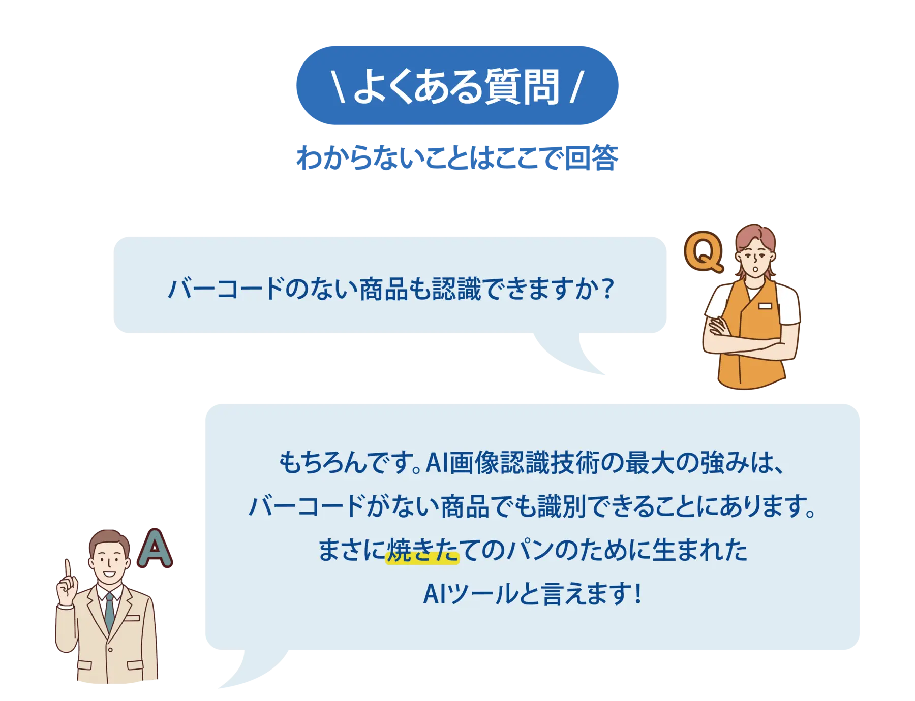 【よくある質問-1】Q：バーコードのない商品も認識できますか？A：もちろんです。AI画像認識技術の最大の強みは、バーコードがない商品でも識別できることにあります。まさに焼きたてのパンのために生まれたAIツールと言えます！