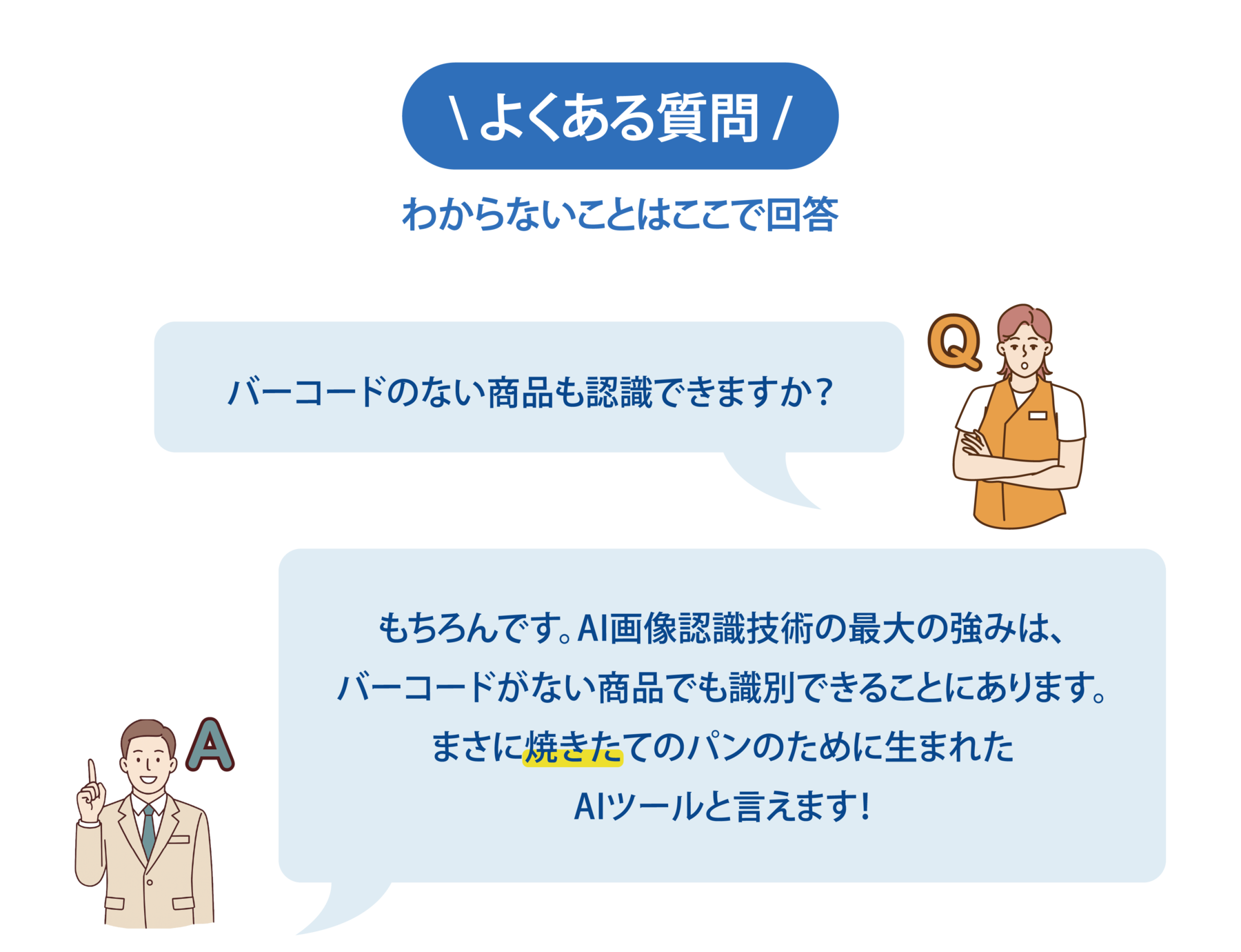 【よくある質問-1】Q:バーコードのない商品も認識できますか?A:もちろんです。AI画像認識技術の最大の強みは、バーコードがない商品でも識別できることにあります。まさに焼きたてのパンのために生まれたAIツールと言えます!