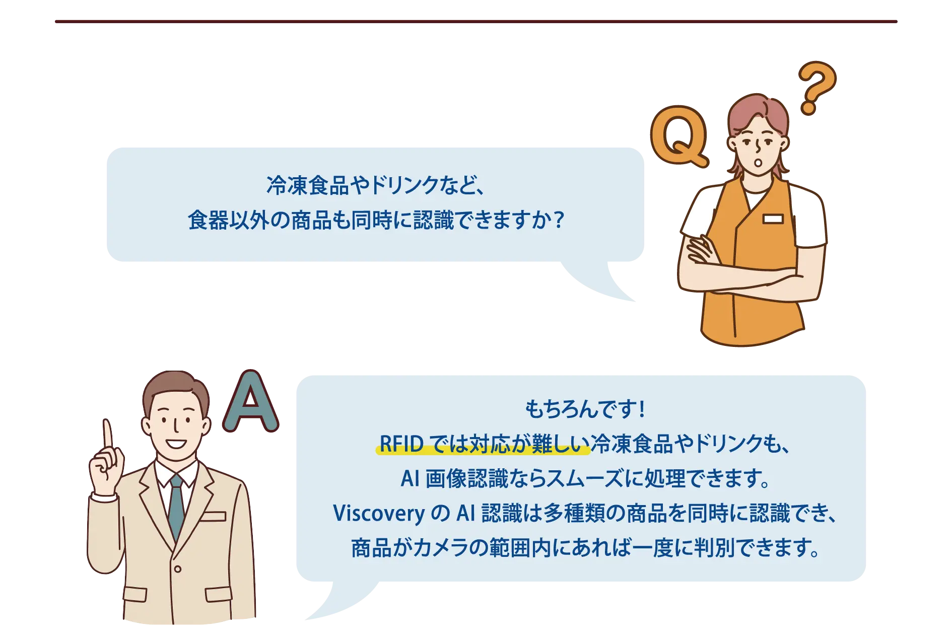【よくある質問-3】Q：冷凍食品やドリンクなど、食器以外の商品も同時に認識できますか？A：もちろんです！RFID では対応が難しい冷凍食品やドリンクも、AI 画像認識ならスムーズに処理できます。Viscovery の AI 認識は多種類の商品を同時に認識でき、商品がカメラの範囲内にあれば一度に判別できます。