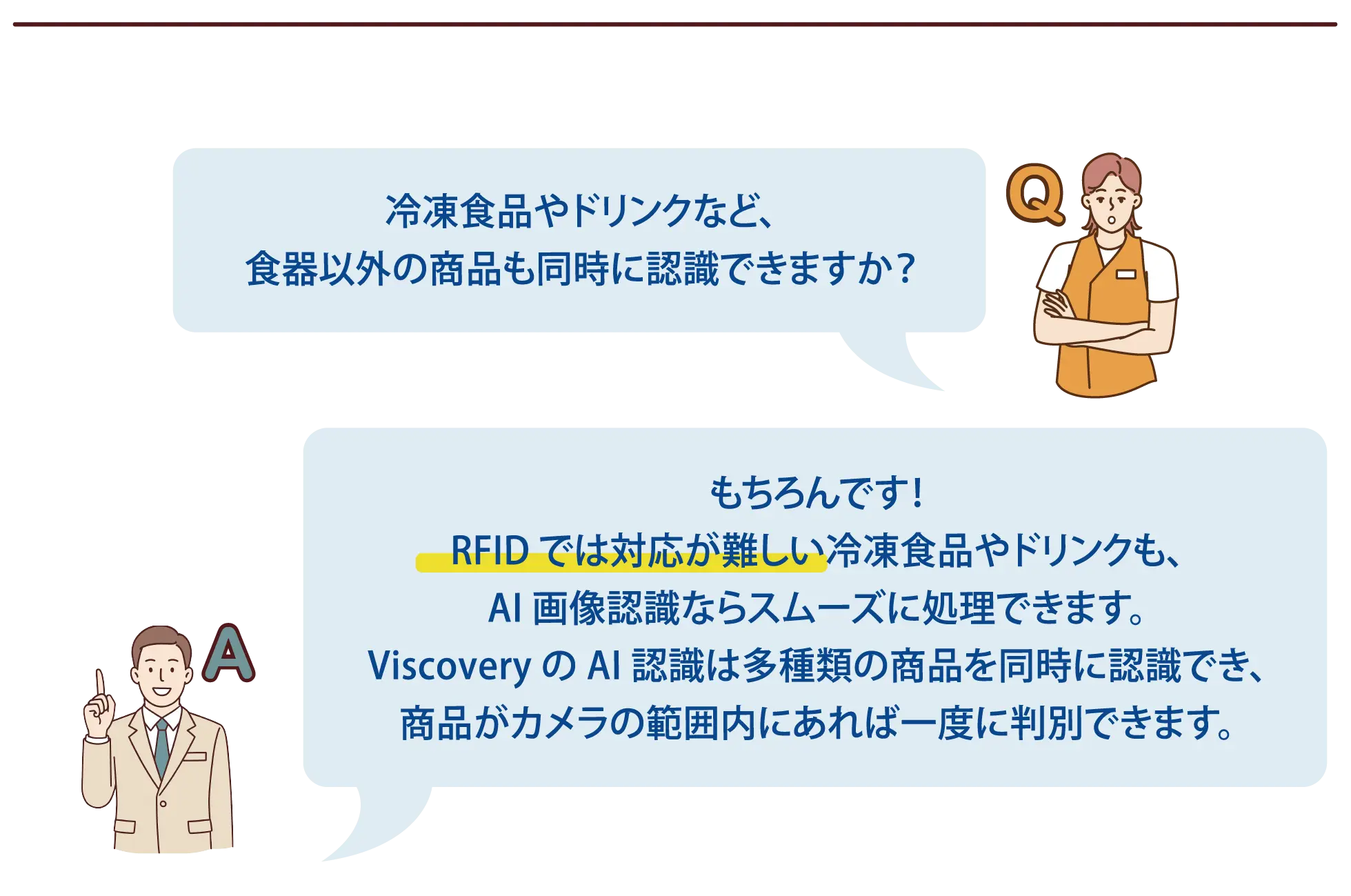 【よくある質問-3】Q：冷凍食品やドリンクなど、食器以外の商品も同時に認識できますか？A：もちろんです！RFID では対応が難しい冷凍食品やドリンクも、AI 画像認識ならスムーズに処理できます。Viscovery の AI 認識は多種類の商品を同時に認識でき、商品がカメラの範囲内にあれば一度に判別できます。