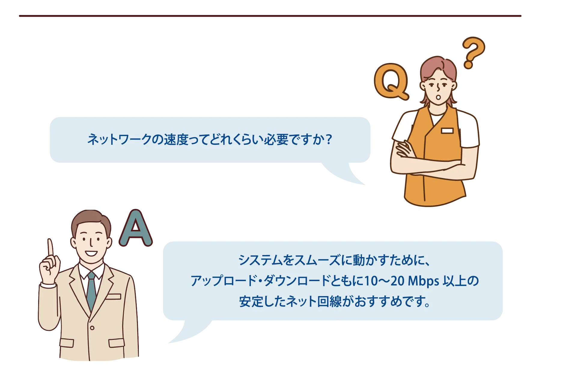 【よくある質問-6】Q：ネットワークの速度ってどれくらい必要ですか？A：システムをスムーズに動かすために、アップロード・ダウンロードともに10～20 Mbps 以上の安定したネット回線がおすすめです。