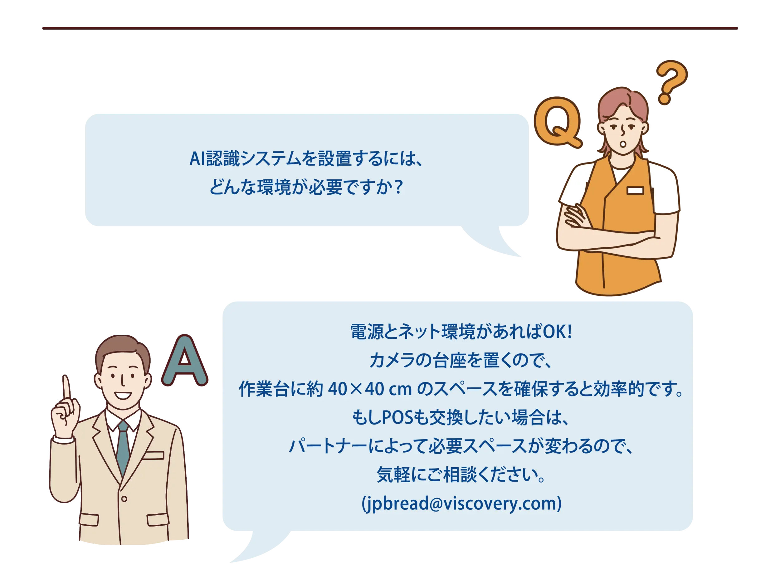 【よくある質問-5】Q：AI認識システムを設置するには、どんな環境が必要ですか？A：電源とネット環境があればOK！カメラの台座を置くので、作業台に約 40×40 cm のスペースを確保すると効率的です。もしPOSも交換したい場合は、パートナーによって必要スペースが変わるので、気軽にご相談ください。(jpbread@viscovery.com)